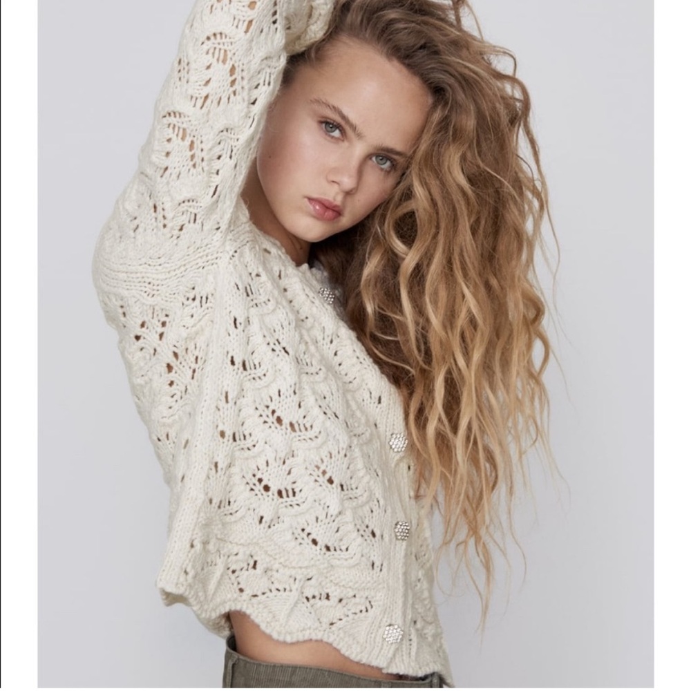 Zara Macrame Knit Cardigan Crochet Lady Jacket Cardigan Ecru cream nwot - Picture 2 of 10